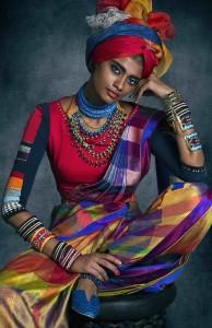 Kanjeevaram dhoti saree paired with a colour block blouse.