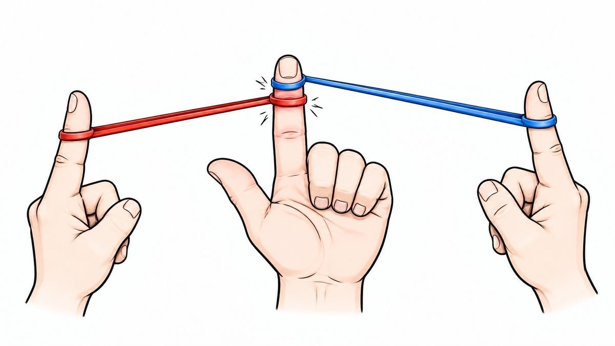 One finger held between two rubber bands: a red band pulling back and a blue band pulling forward