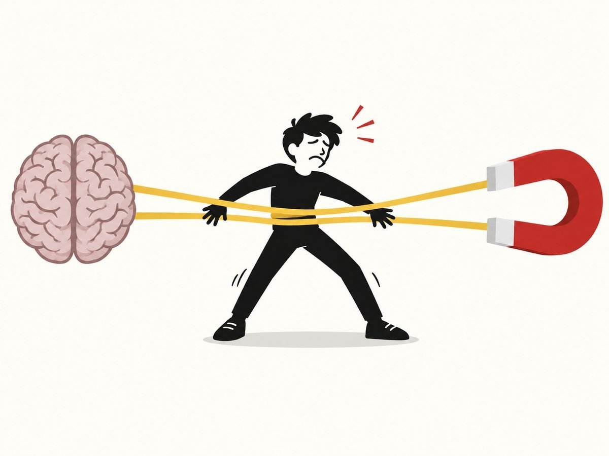 A person stretched between a brain pulling back and a magnet pulling forward