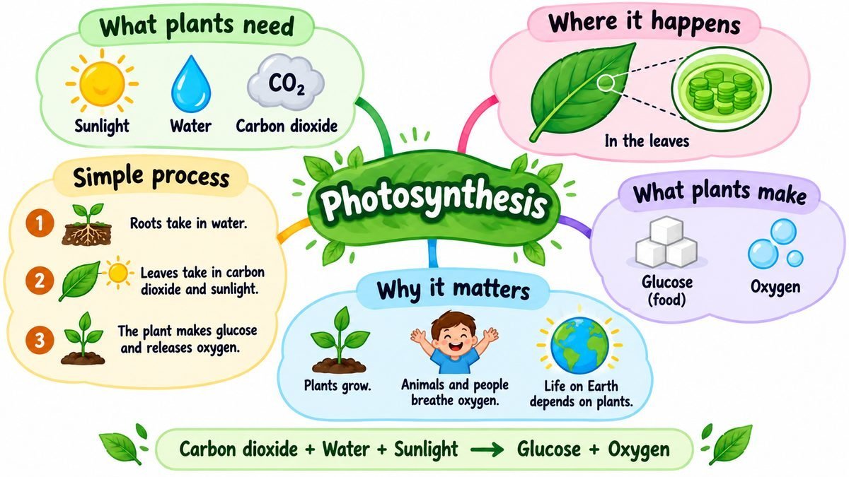 An AI-made illustrated mind map explaining photosynthesis