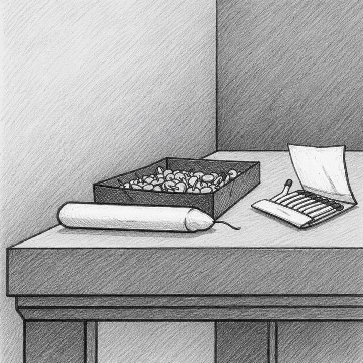 A candle, a box of pins and a matchbook on a table next to a wall