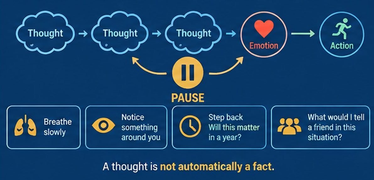 Thoughts chain into emotion and action; a pause lets you breathe, notice, step back or ask what you would tell a friend