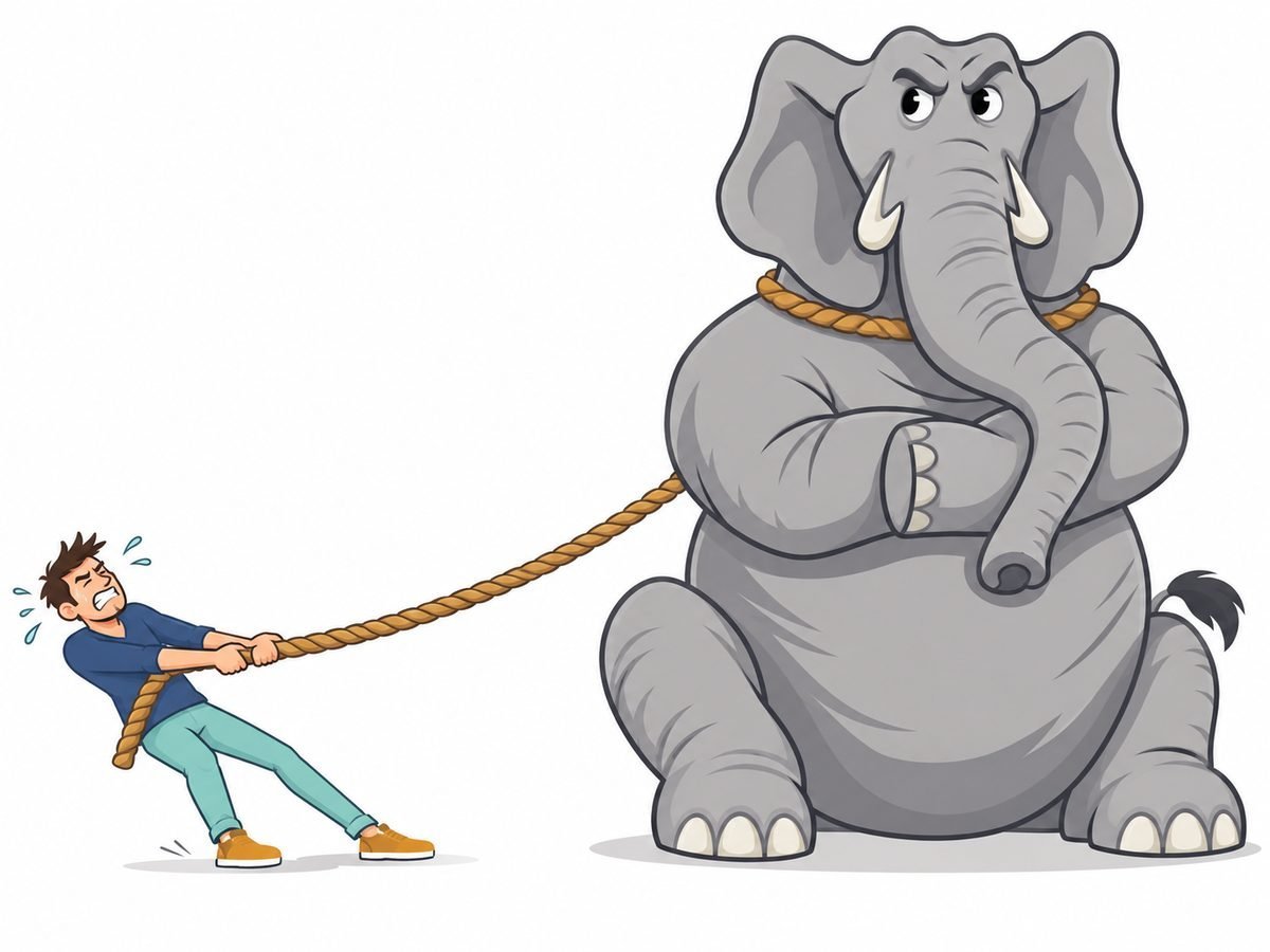 A small rider pulling on a rope tied to a large, stubborn elephant